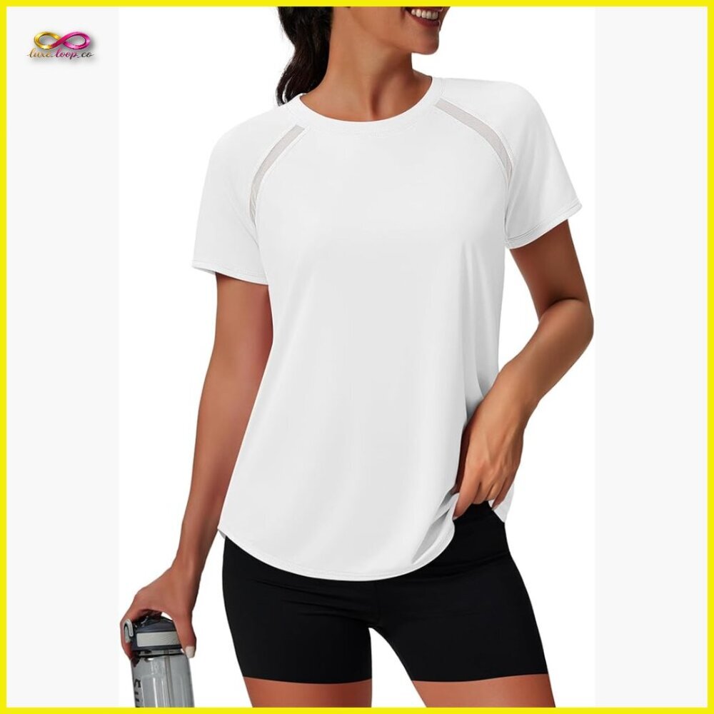 White Athletic Mesh Panel T-Shirt UPF 50+ Sun Protection Quick Dry Performance